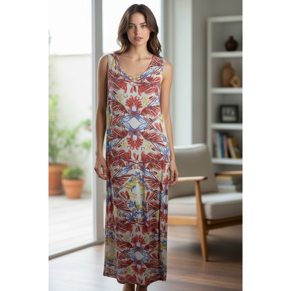 Free People Red Blue Abstract Floral Sleeveless Rayon Jersey Maxi Dress Size S